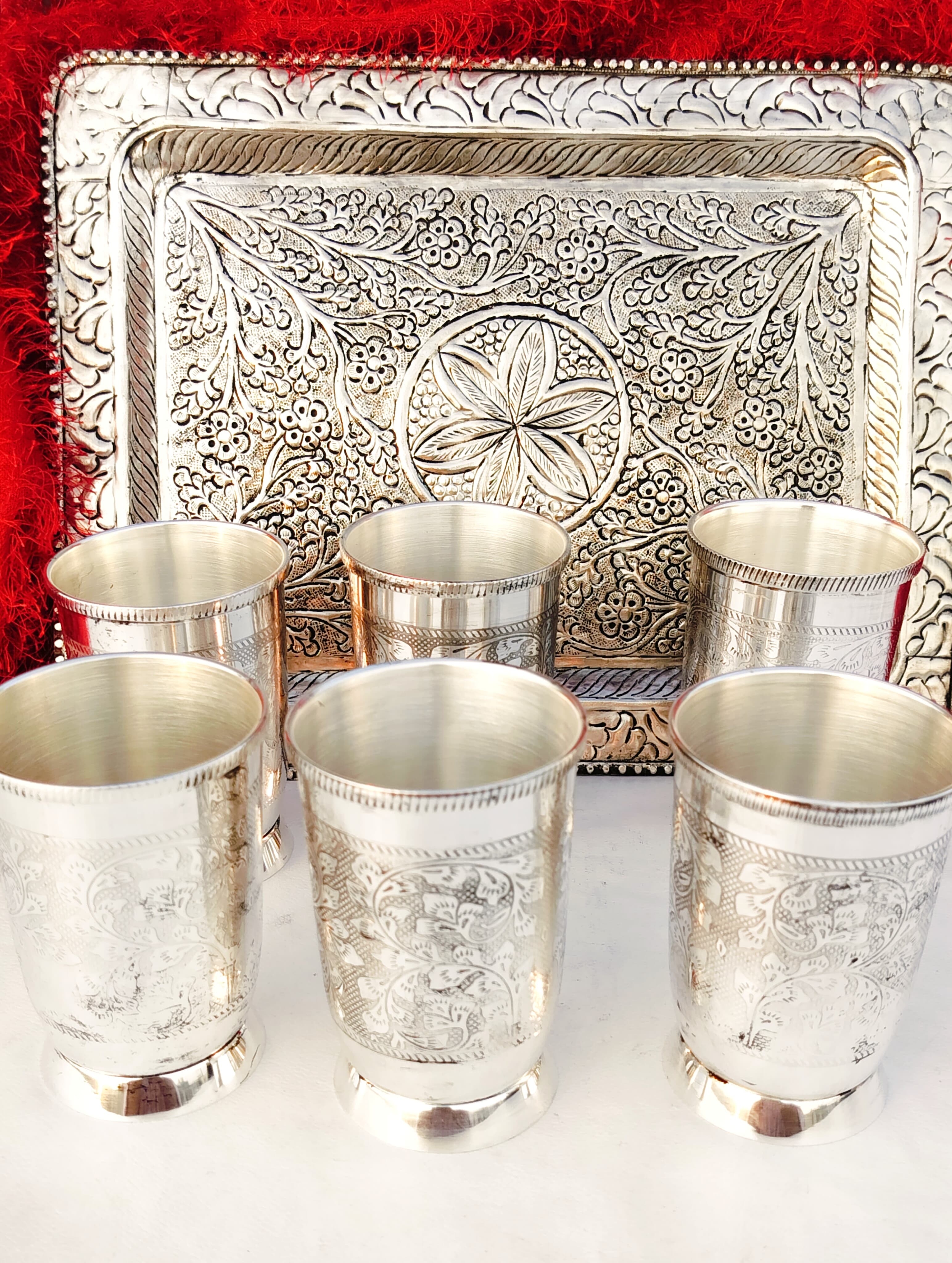 Antique finish German silver Nakkashi work 6 piece Glass with antique finish tray set